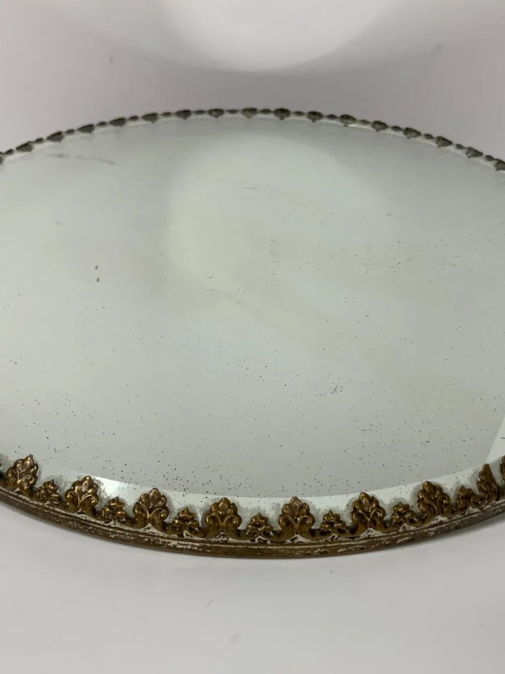 Vintage Round Beveled Mirror Vanity Tray Gold Fleur De Lis 3 Foot 12